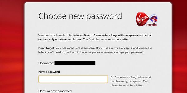 Virgin Media dumb password rule screenshot